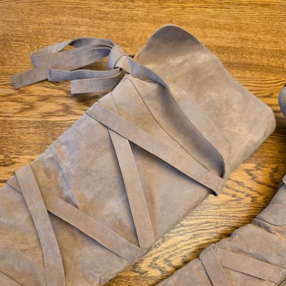Taupe Sz 10 Faux Suede Over The Knee Thigh HIgh Strappy Stacked Heel‎ Boots